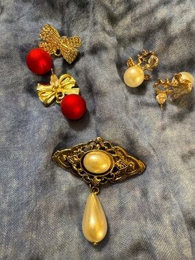 Gold, red and pearl earrings (Christmas),  and Pearl Drop Brooch - Women Jewelry